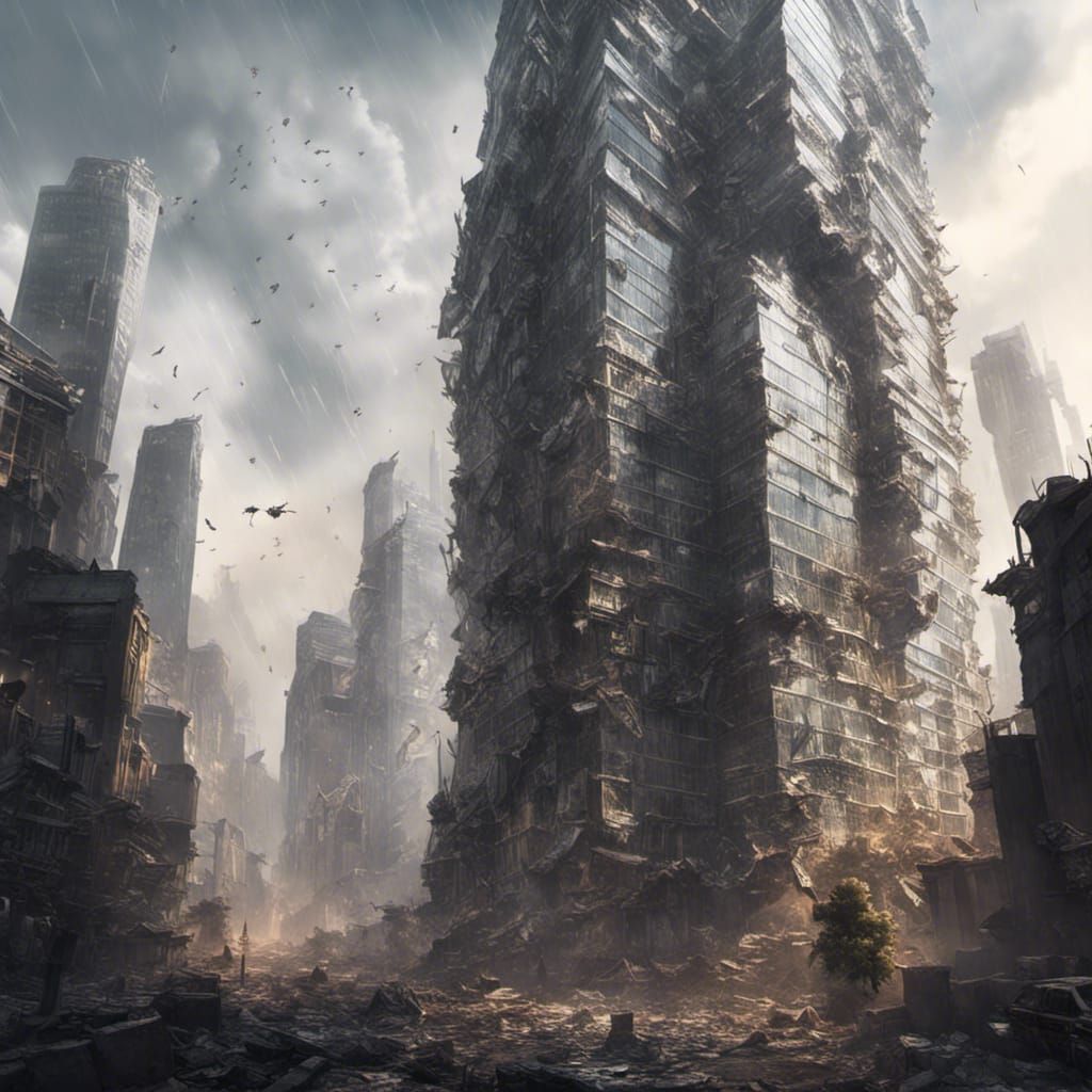 a shattered cityscape with skyscrapers leaning against one another like fallen giants, their windows a shattered citysca...
