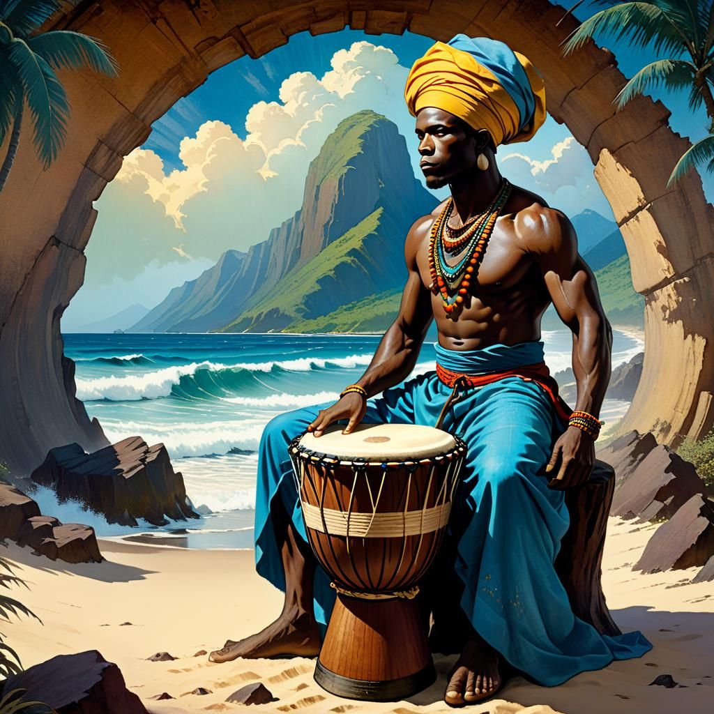 Island Drummer in Vibrant Tropical Landscape