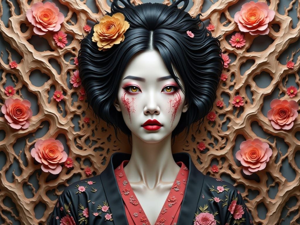 Android Geisha in Papercut Horror Style