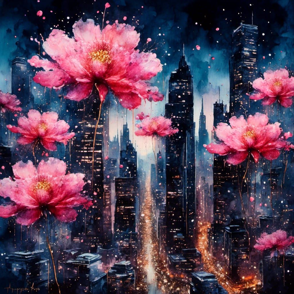 Pink Flowers in Watercolor Cityscape Painting