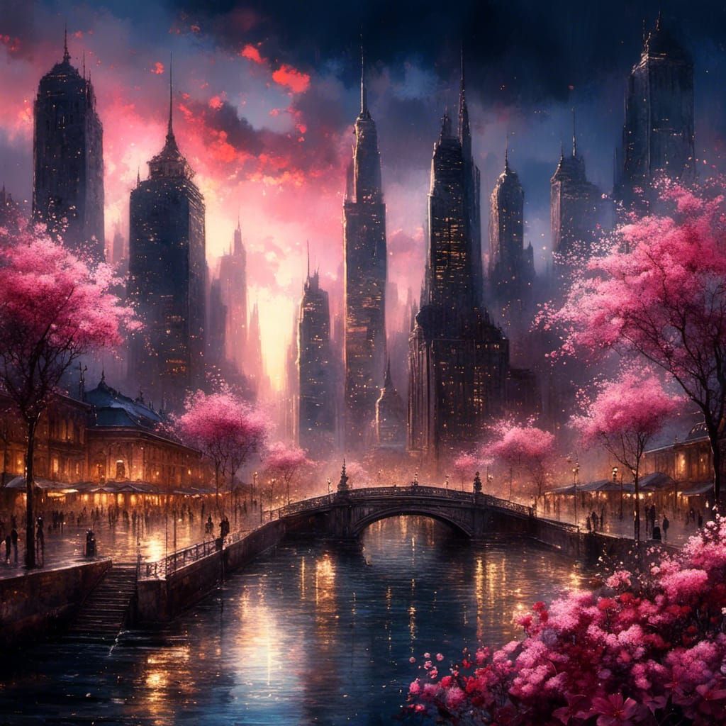 Pink Flowers in Watercolor Cityscape Painting