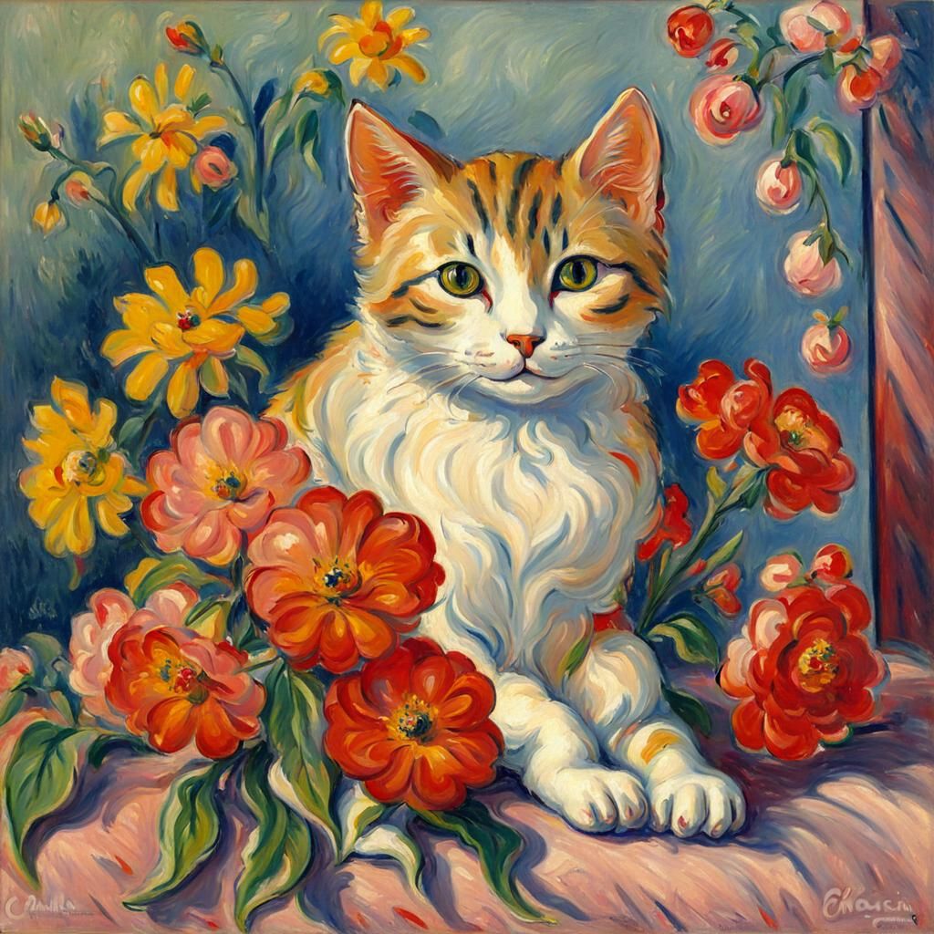 Cat with Flowers in Fauvist Style