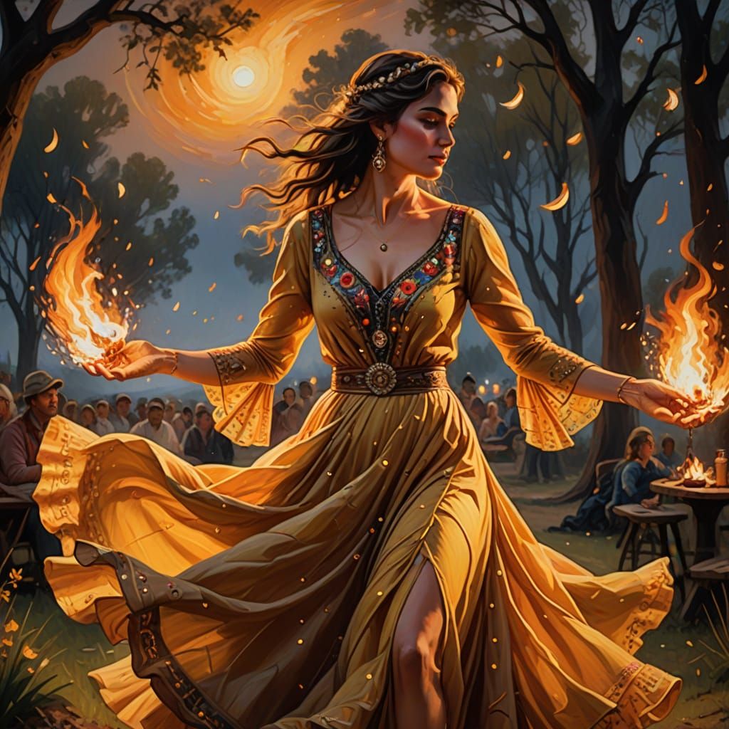 Gypsy Woman Dancing Under Starry Night Sky