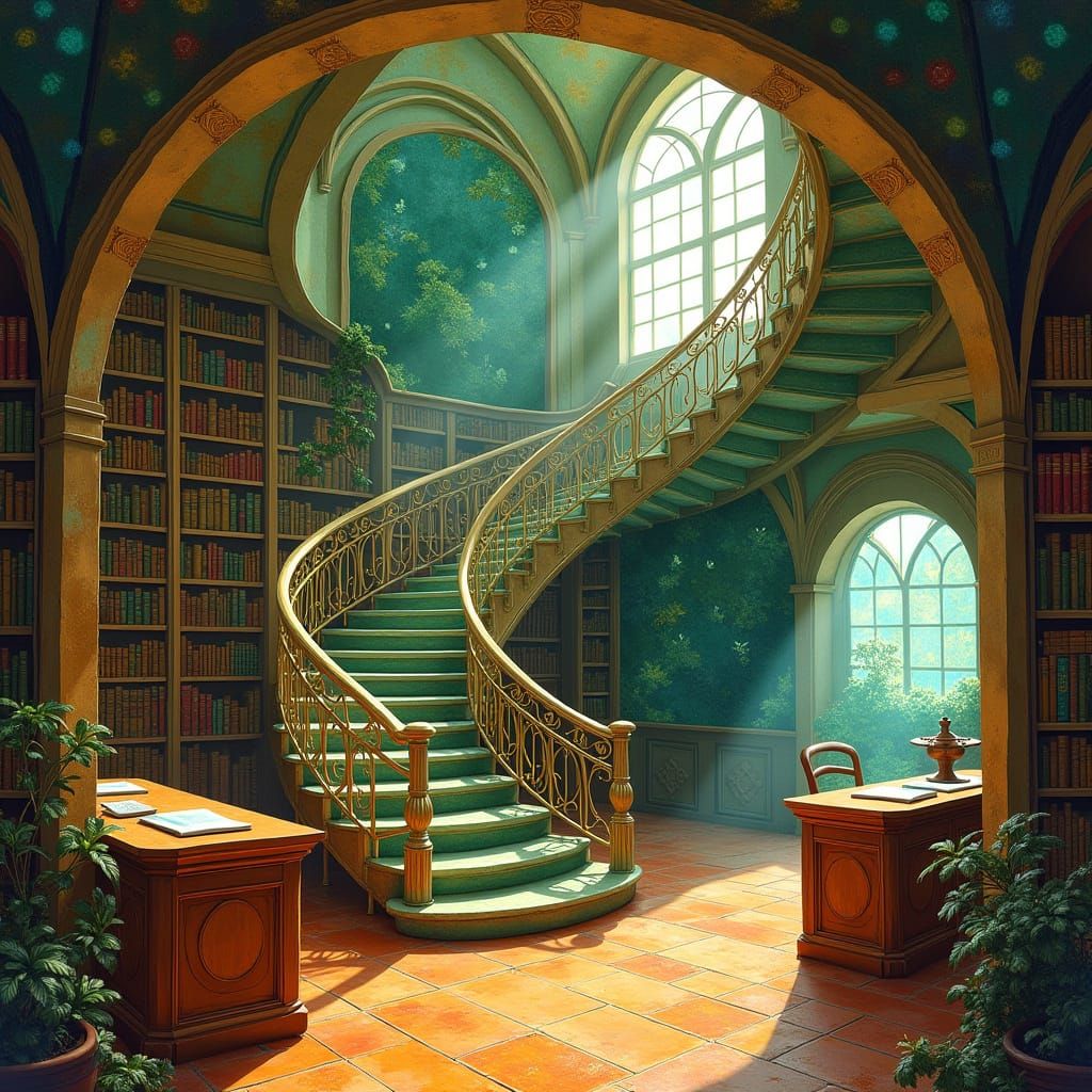 Fantastical Sea Glass Library Interior with Colorful Light