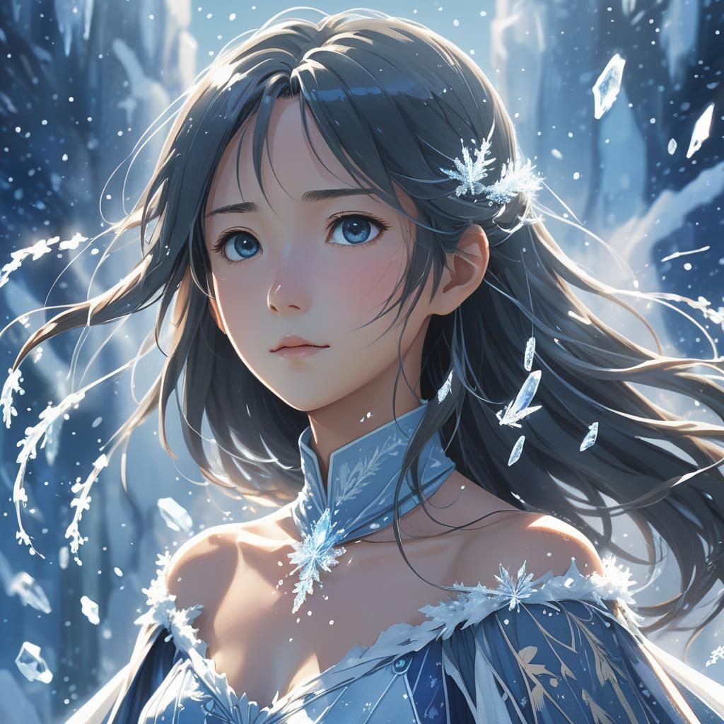 Anime Woman Creates Ice Crystals in Shinkai Style