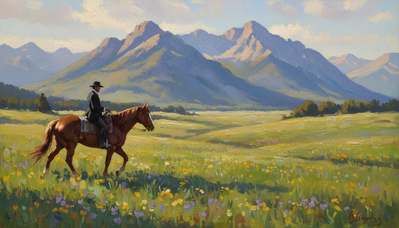 Impressionistic Oil Painting of Man on Horse in Mountain Mea...