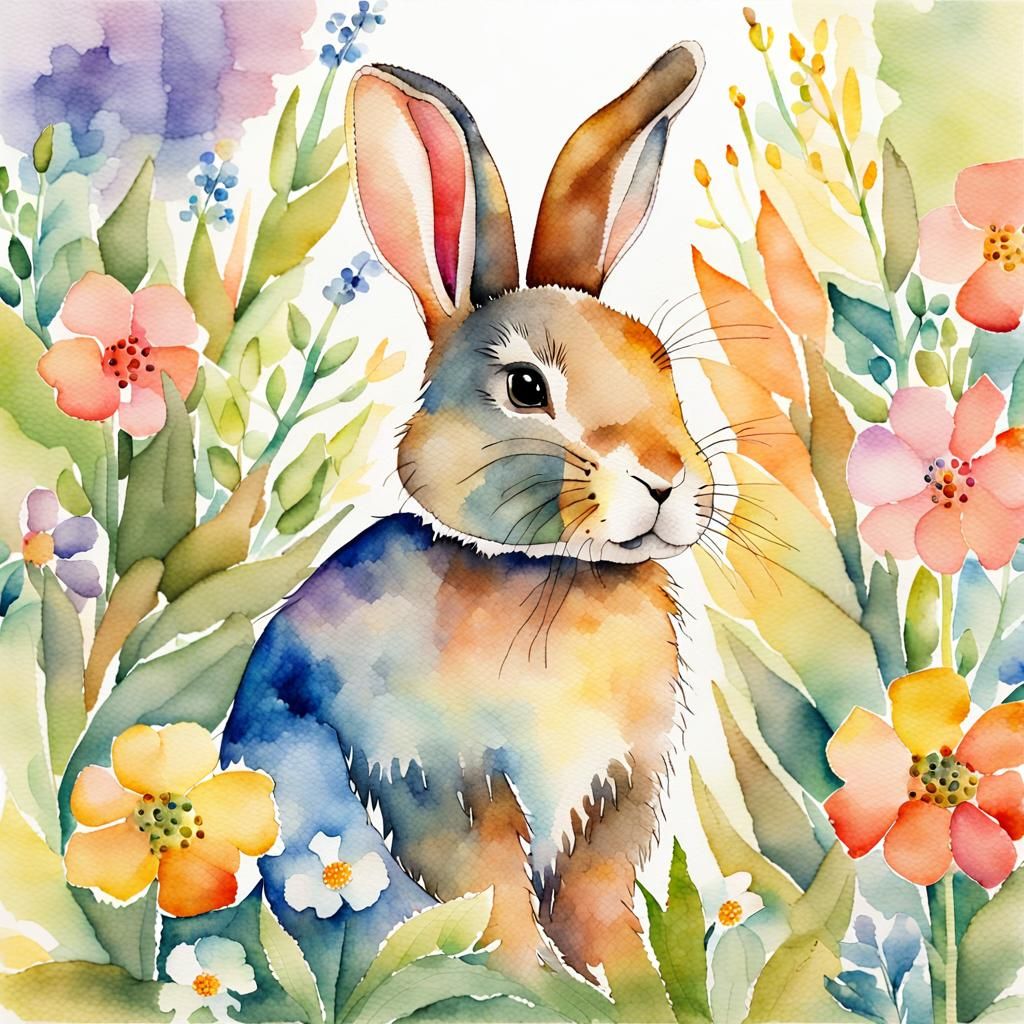 Whimsical Watercolor Patchwork Bunny Portrait