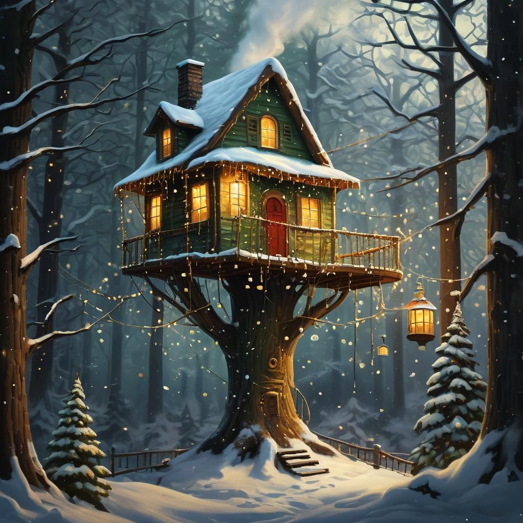 Cozy Winter Treehouse in Folk Art Style