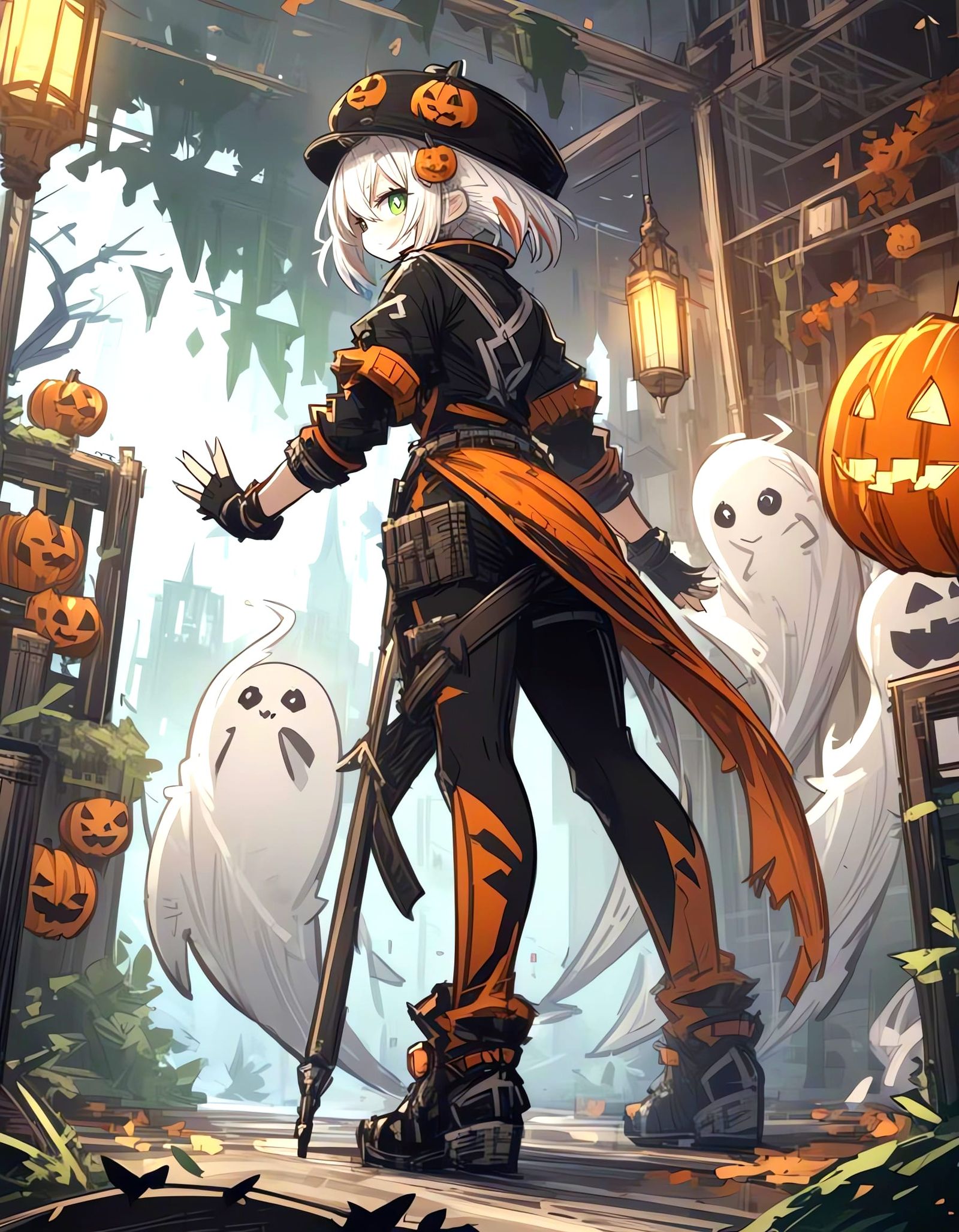 Girl in Hiangshi Costume with Ghostly Halloween Theme