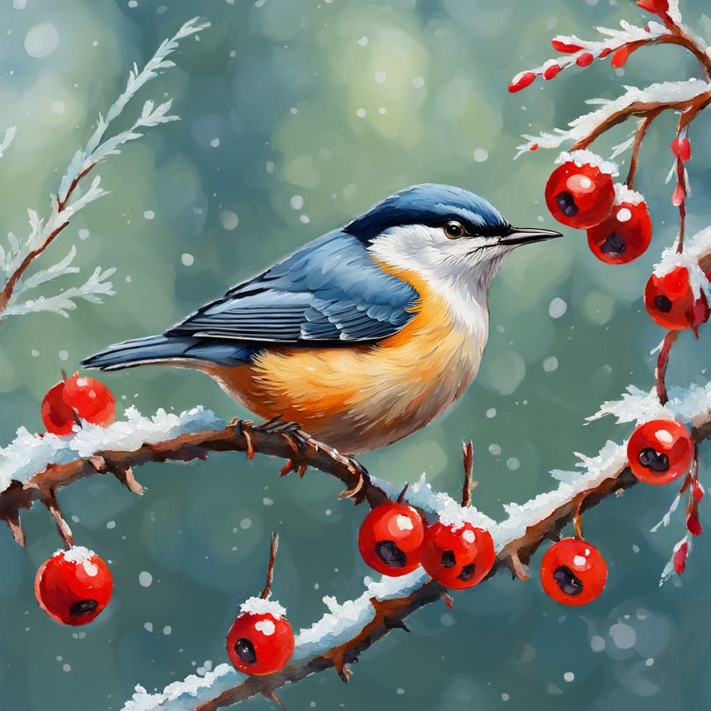 Vibrant Gouache Masterpiece of a Nuthatch on Frosty Berries