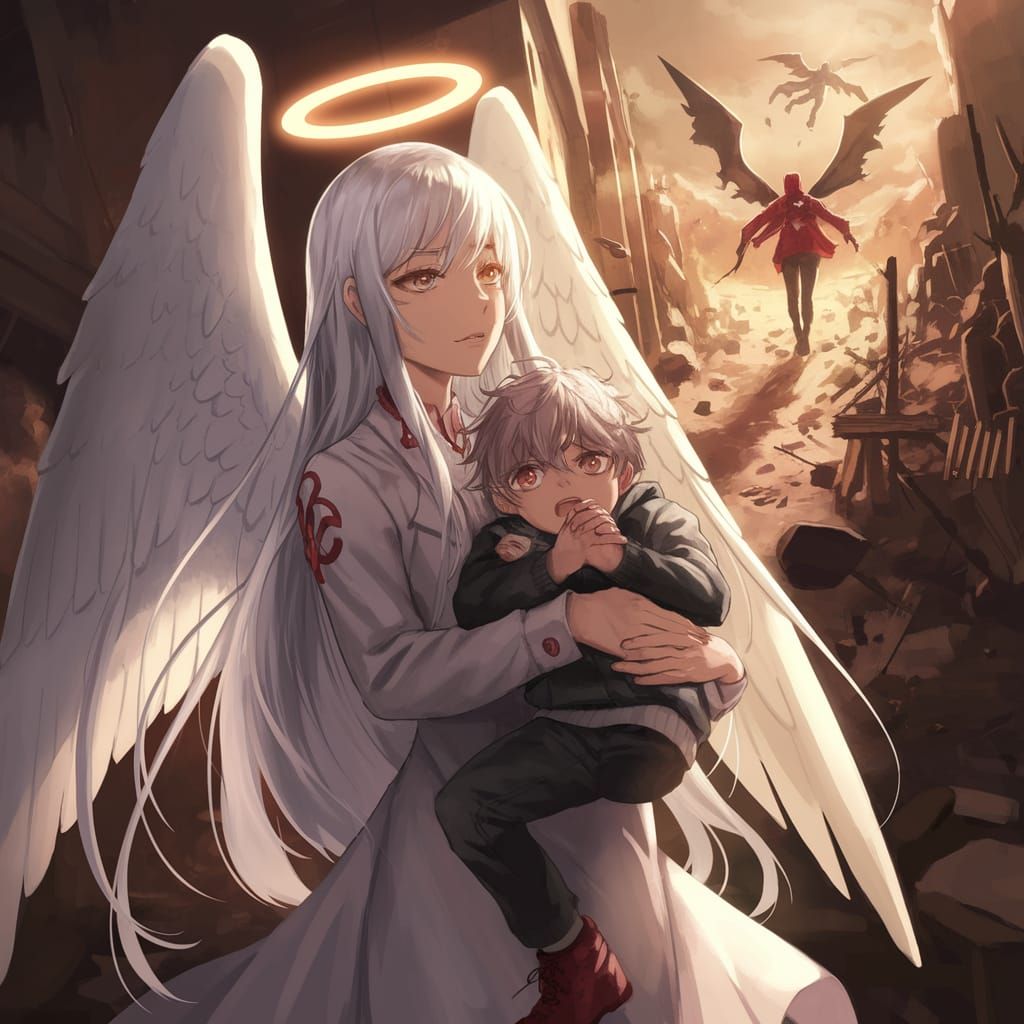 Angel of War in Desolate Cityscape with Intense Emotions