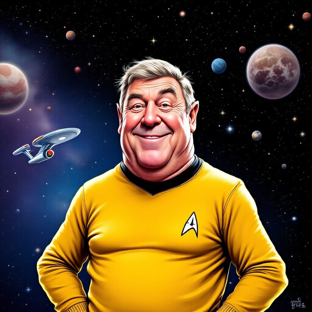 An exaggerated caricature of Gene Roddenberry in a gold swea...