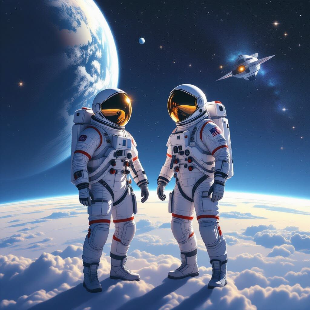 Astronaut Couple Floating in Space with Earth View