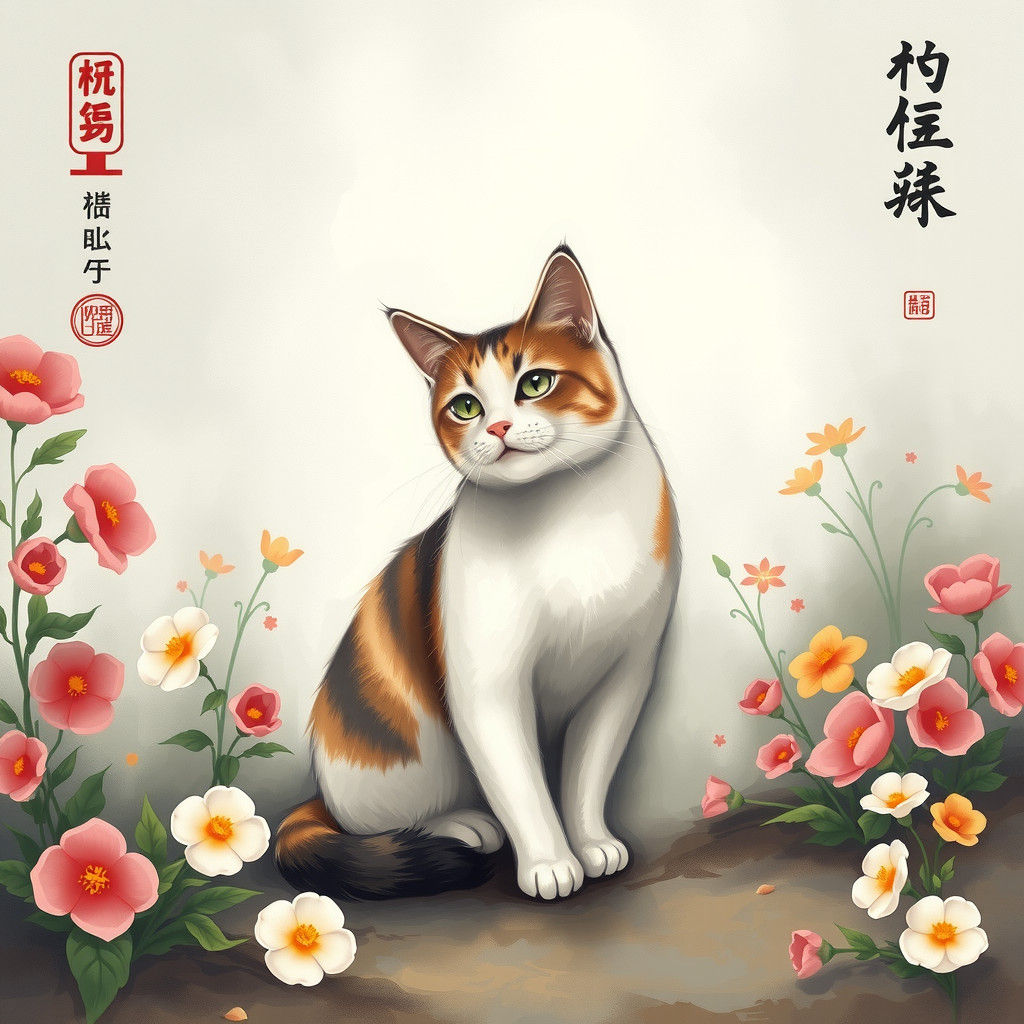 Cat Surrounded by Flowers in Chinese Art Style