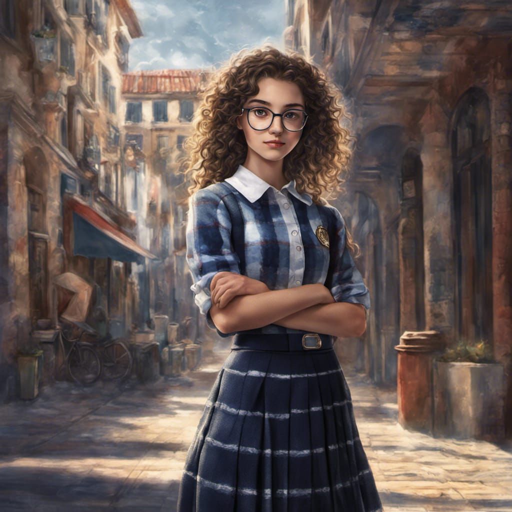 16-year-old italian girl with curly dark brown hair, hazel eyes, and glasses wearing a plaid skirt and navy blue uniform...