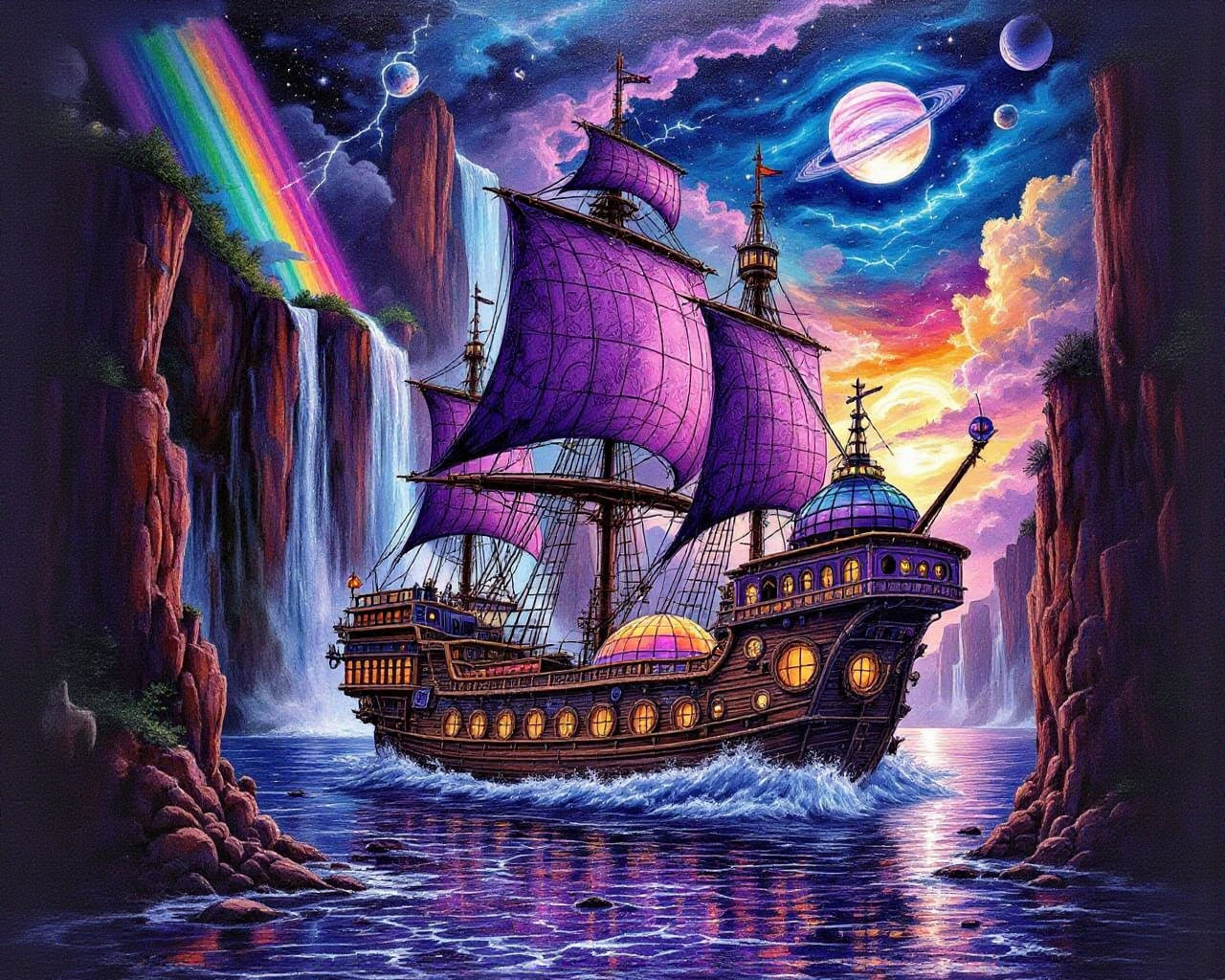 Epic Purple Galleon in a Vibrant Solarpunk Landscape