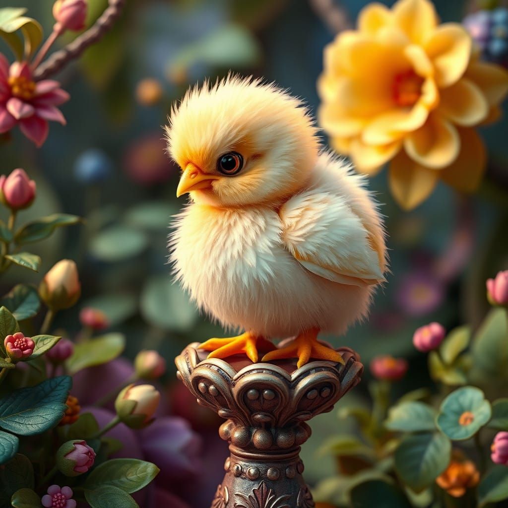 Whimsical Baby Chicken in Enchanted Realm