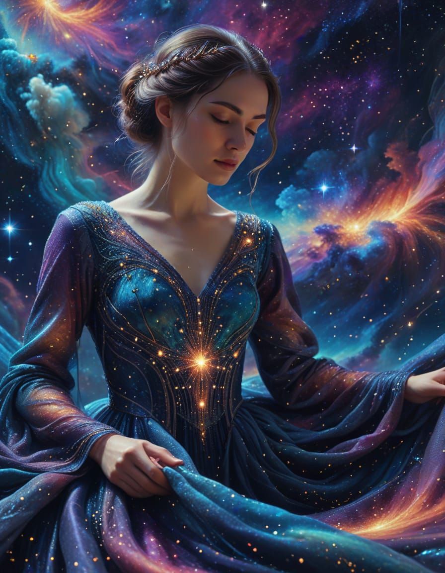 Celestial Seamstress Weaving Gowns from Nebulae and Starligh...