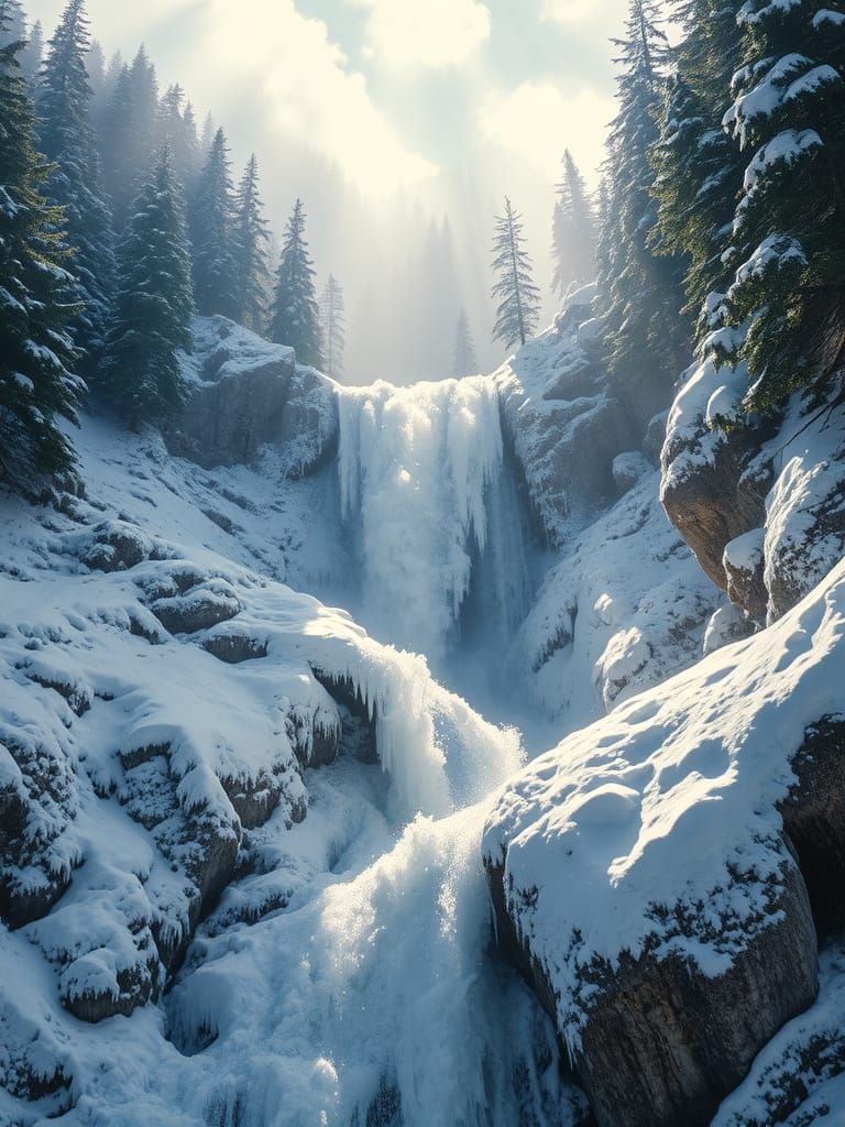 Romantic Snowy Waterfall in Impasto Style