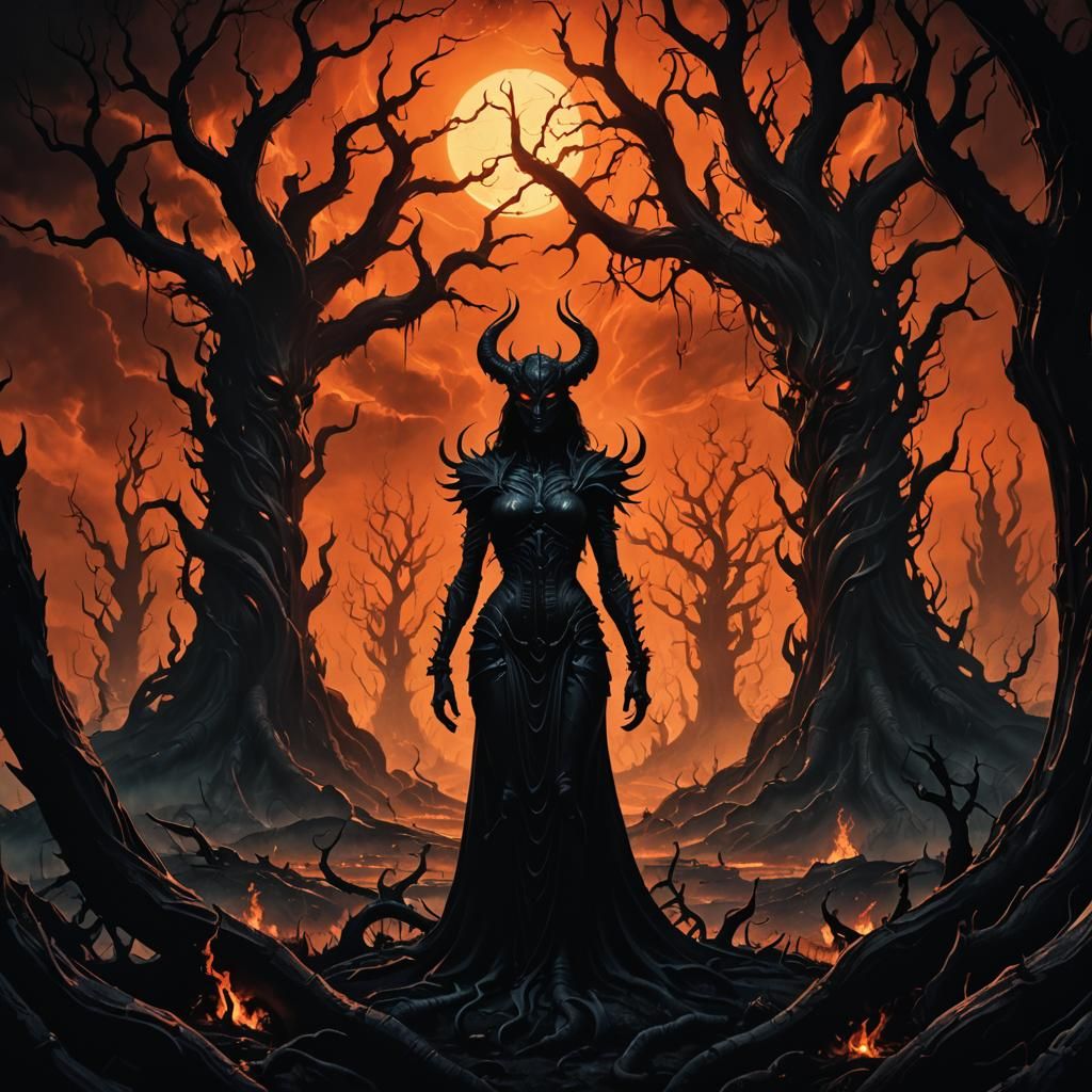 Lilith and Satan in Hellish Landscape