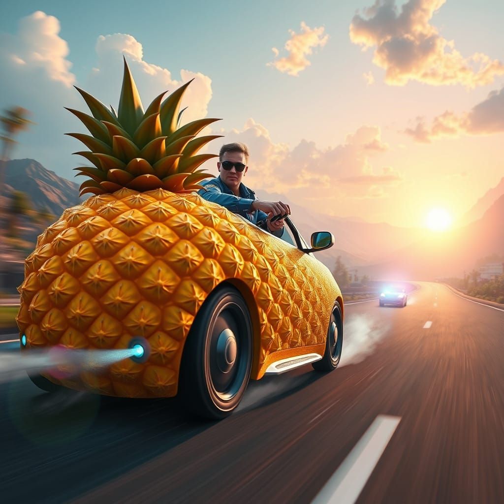 Vibrant Pineapple Car Pursued by Futuristic Police Officer i...