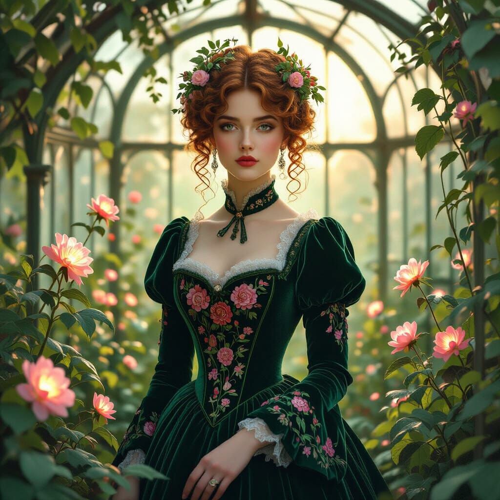 Victorian Sorceress in Enchanted Glasshouse