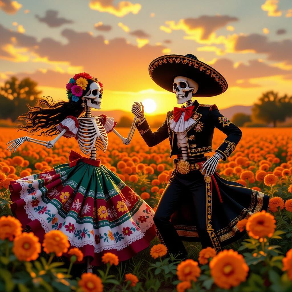 Day of the Dead Skeletons Dancing in Marigolds
