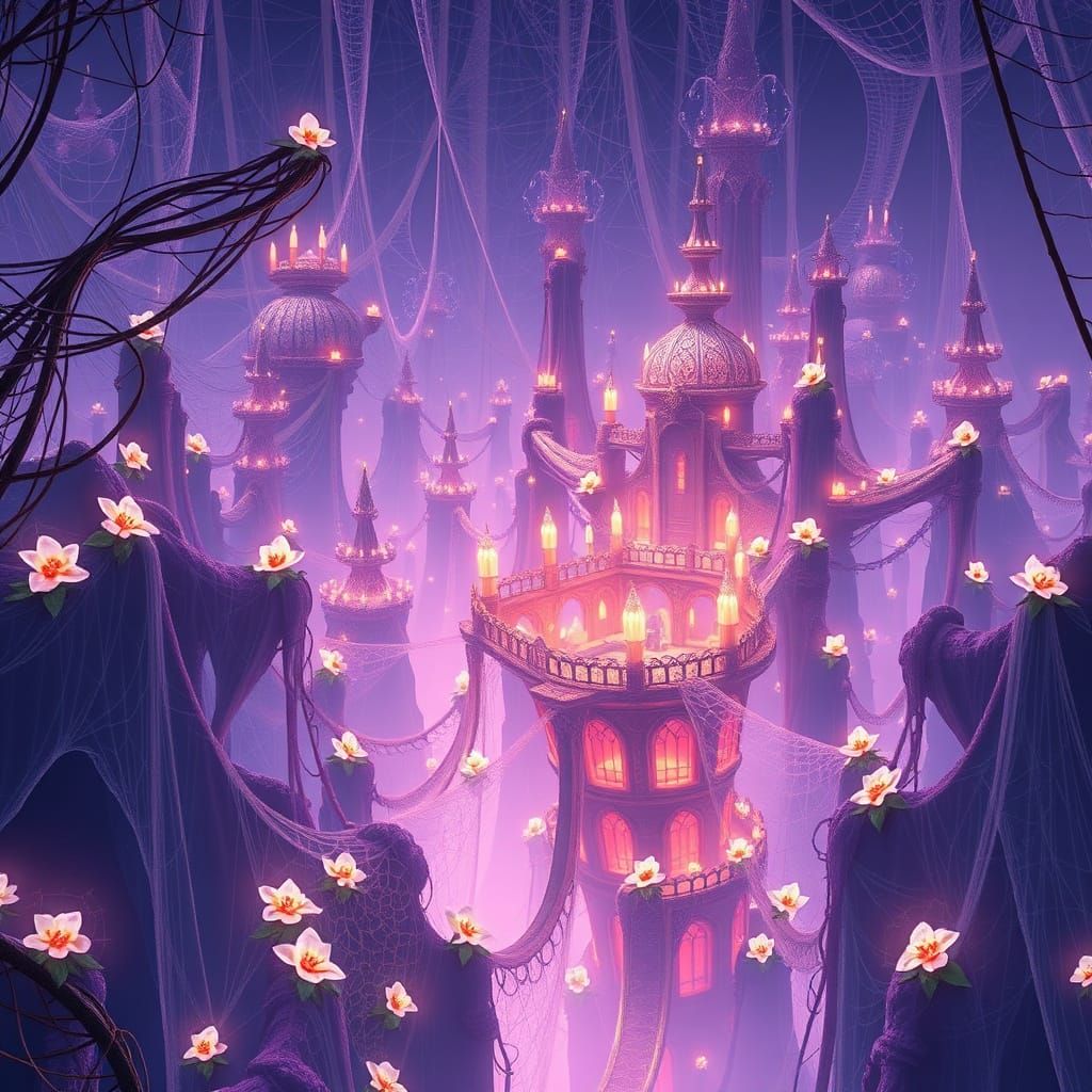 Bioluminescent Spiderweb Flower City in Cosmic Light