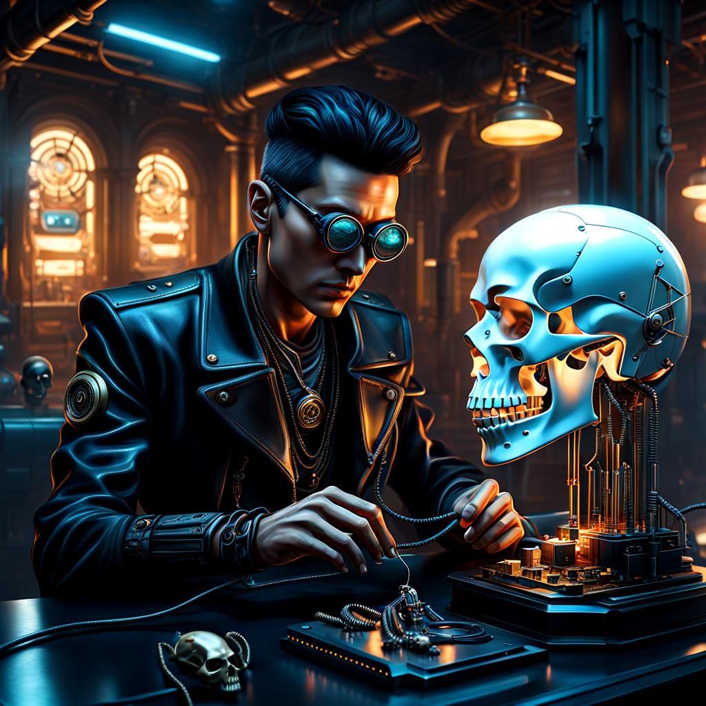 Steampunk Cyborg Mouse Contemplates Skull