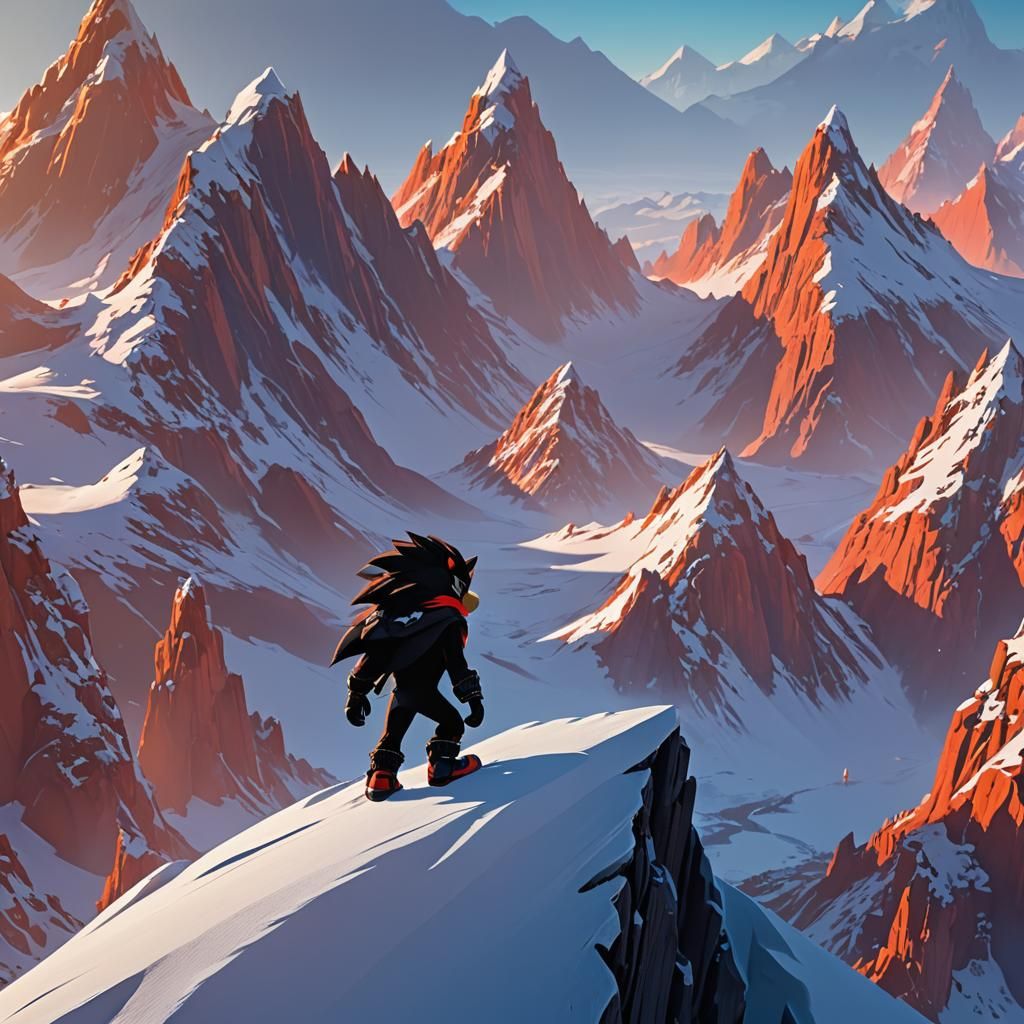 Shadow the Hedgehog on Snowy Peak: Pixar-Inspired 3D Art