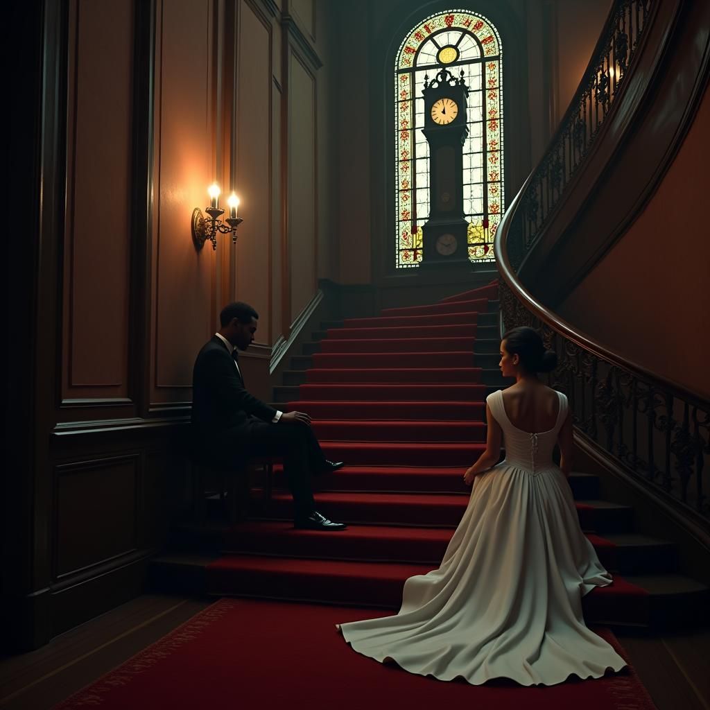 Contemplative Couple on Victorian Staircase in Cinematic Sty...