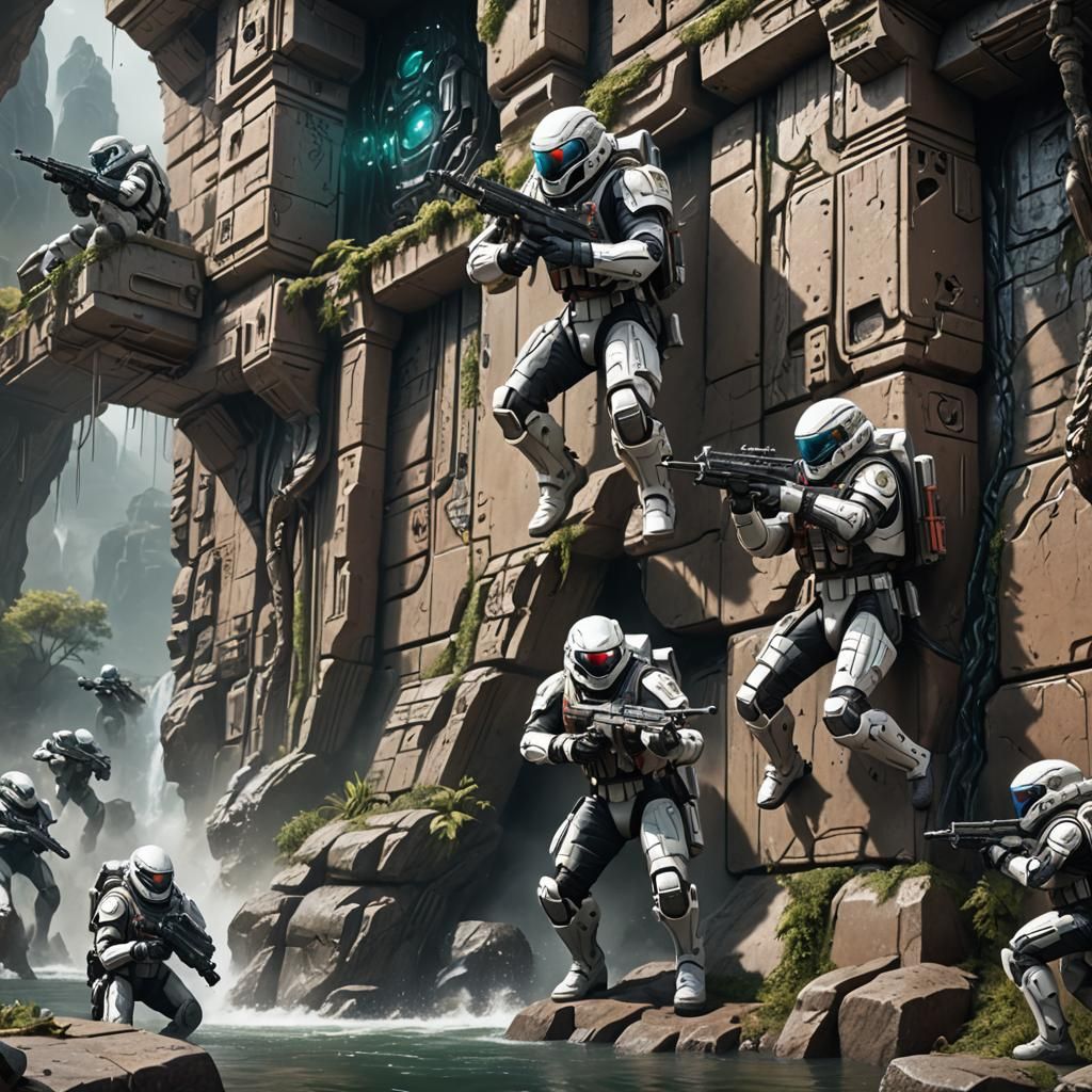 Futuristic Soldiers Defend River in Detailed Matte Painting