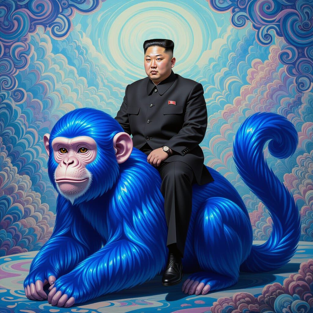 Kim Jong Un on Sapphire Monkey with Swirling Patterns
