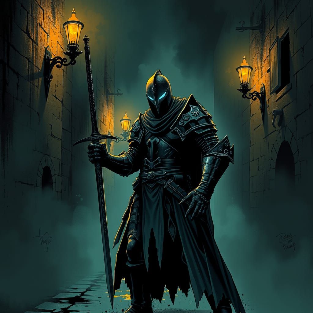 Dark Knight in Foggy Alley, Ink Splatter Illustration