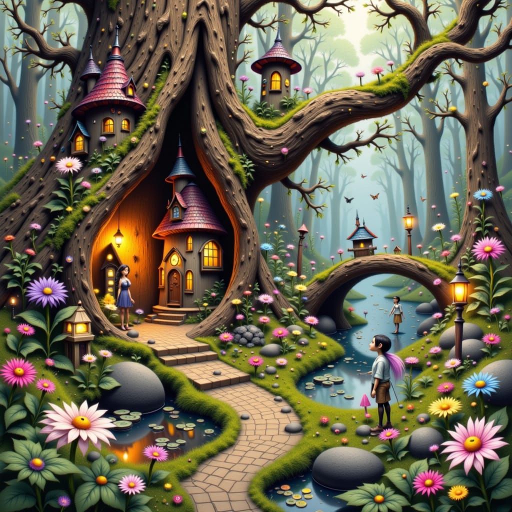 Miniature Fairy Village in Watercolor Style