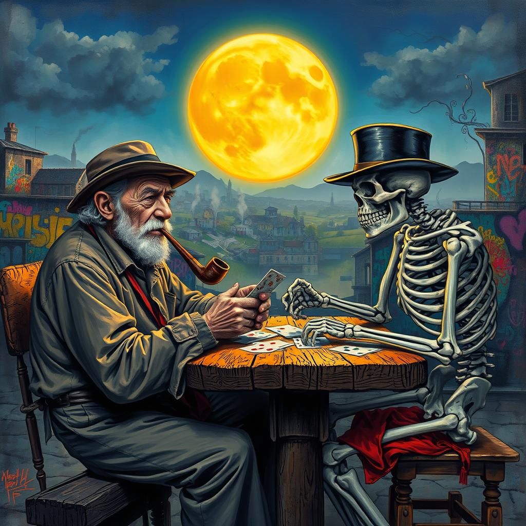 Intense Card Game Between Man and Skeleton