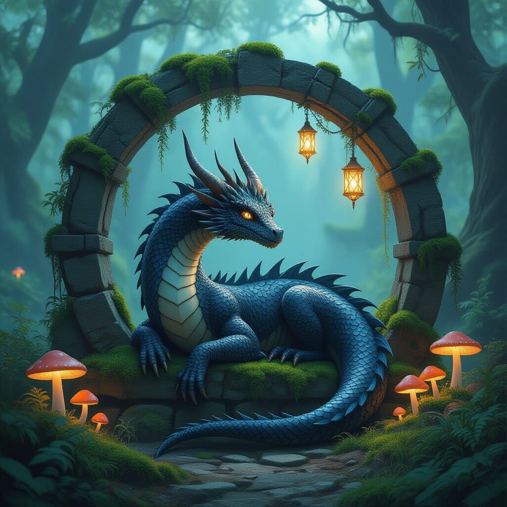 Obsidian Dragon on Stone Archway in Misty Forest Glade