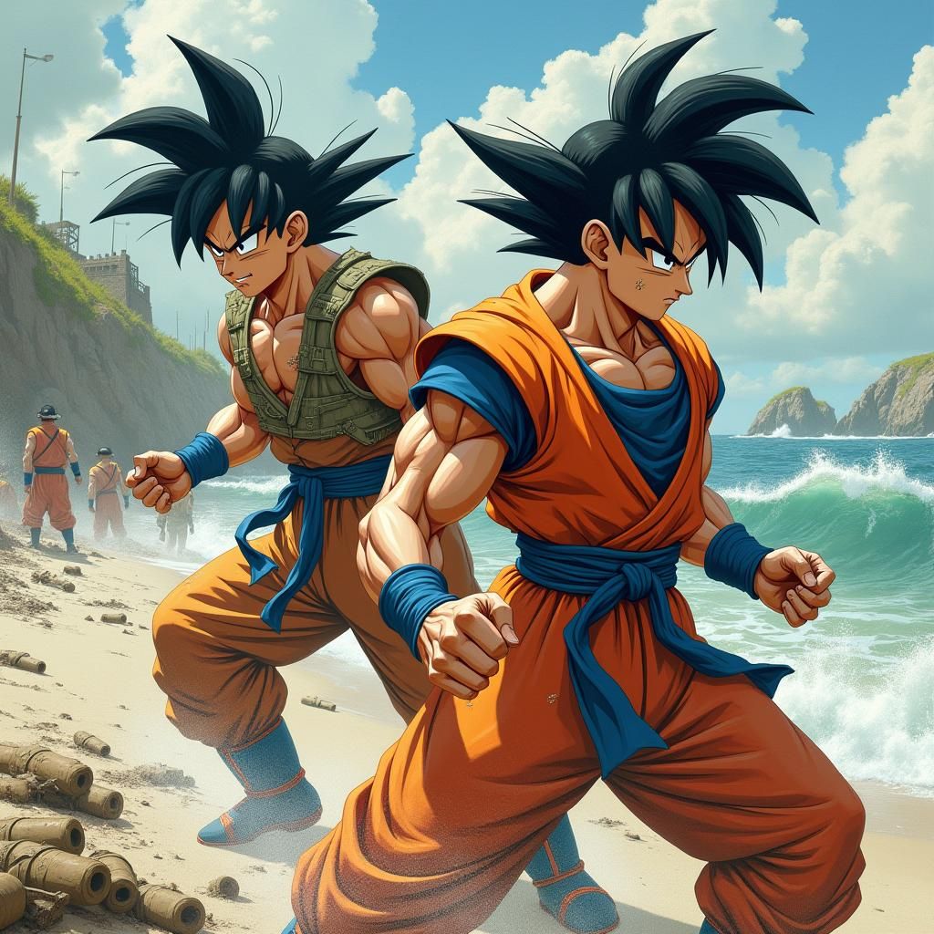 Goku and Vegeta Storming Omaha Beach in Gritty Realism