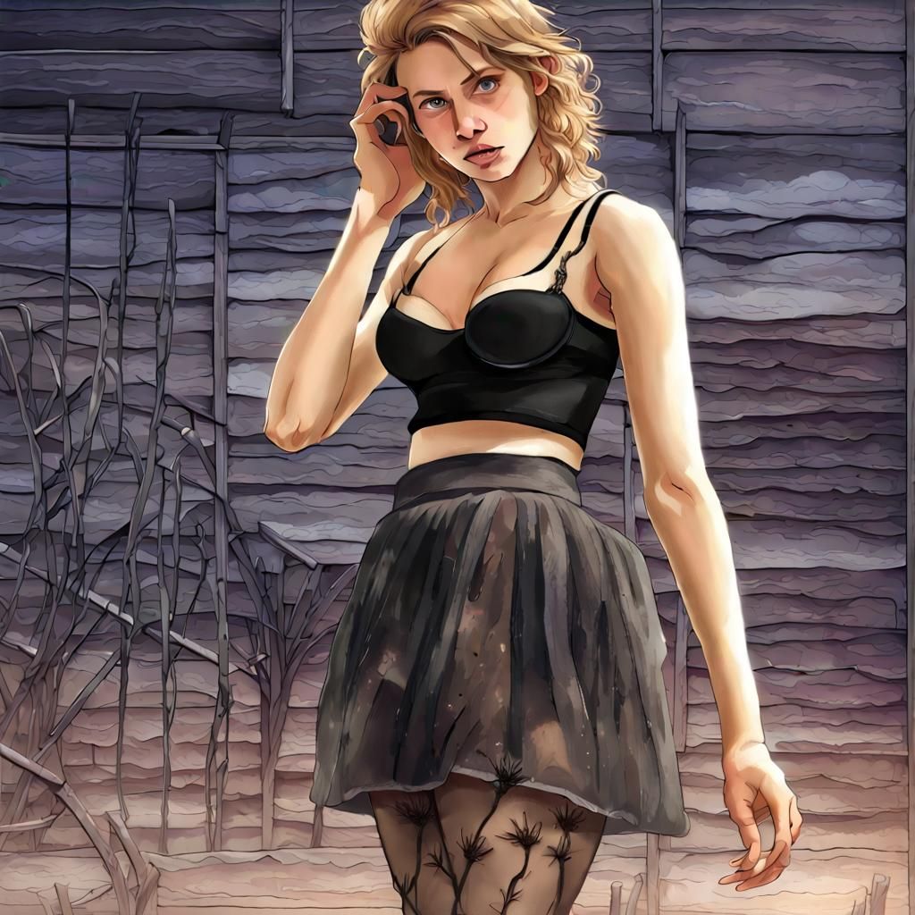 Post-Apocalyptic Woman in Digital Watercolor Landscape