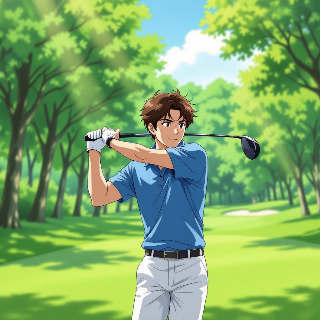 Anime Golf Scene: Man in Blue Polo Mid-Swing
