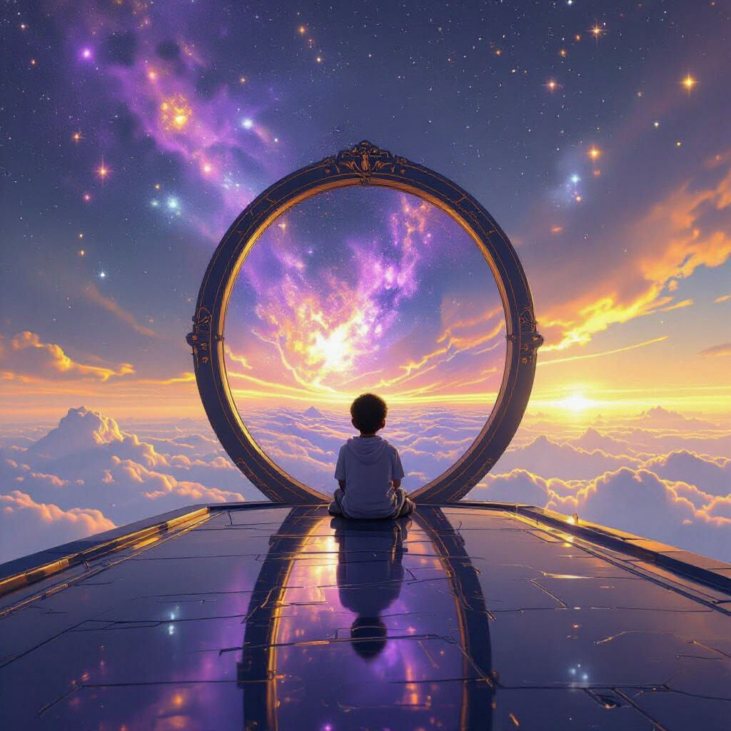 Child Overlooking Cosmos on Mirror Ship