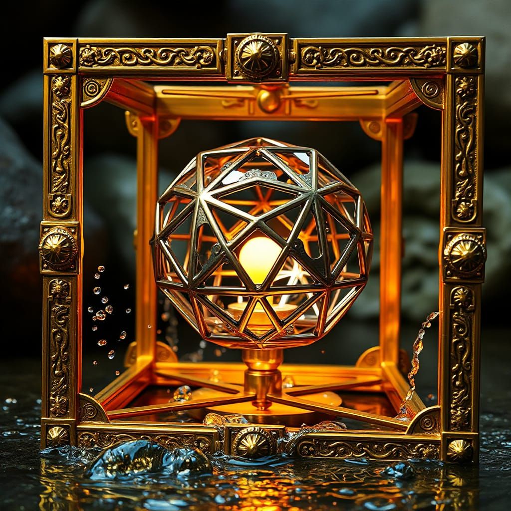 Intricate Golden Cube with Glowing Octahedron and Water