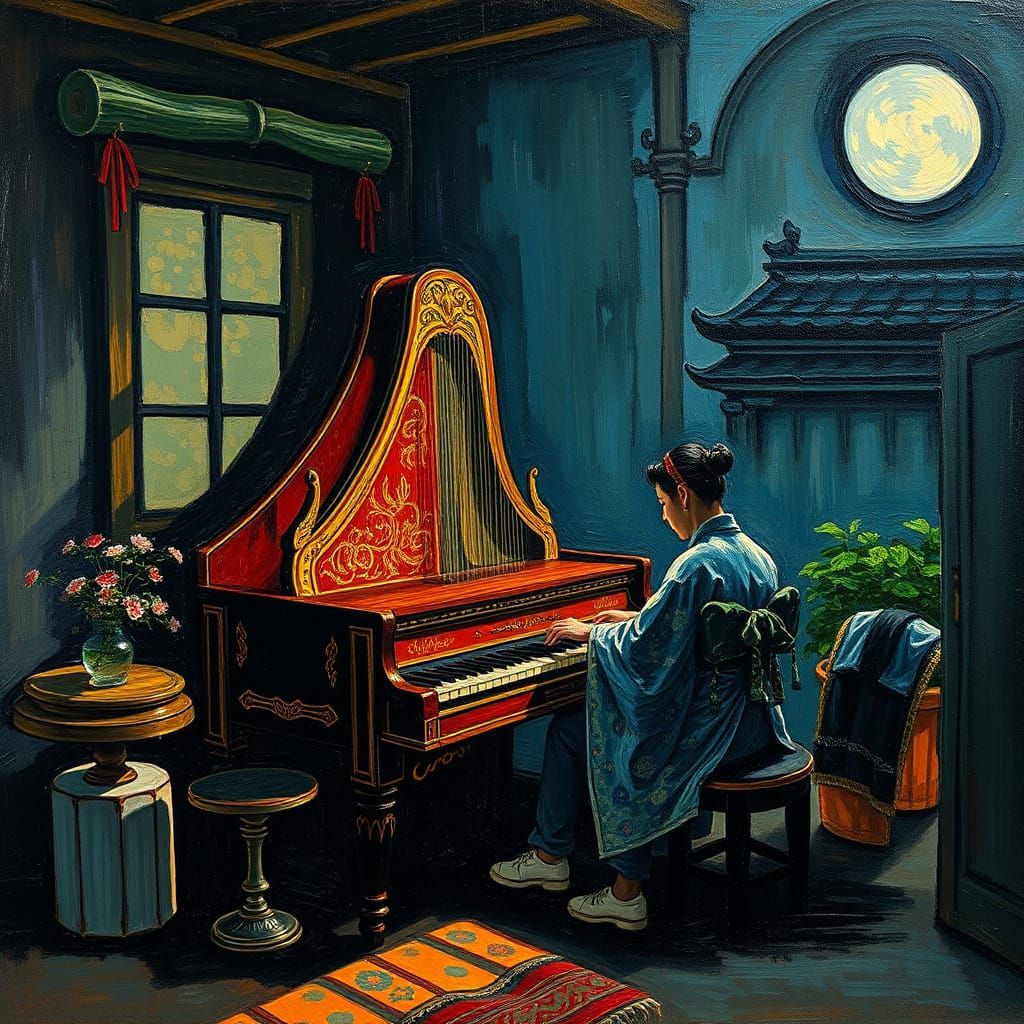 Post-Impressionist Harpsichord Player in Vivid Colors