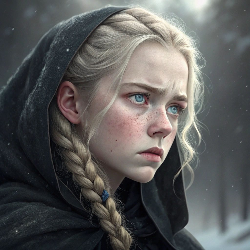 Angry Beauty in Black Cloak: Hyperrealistic Portrait