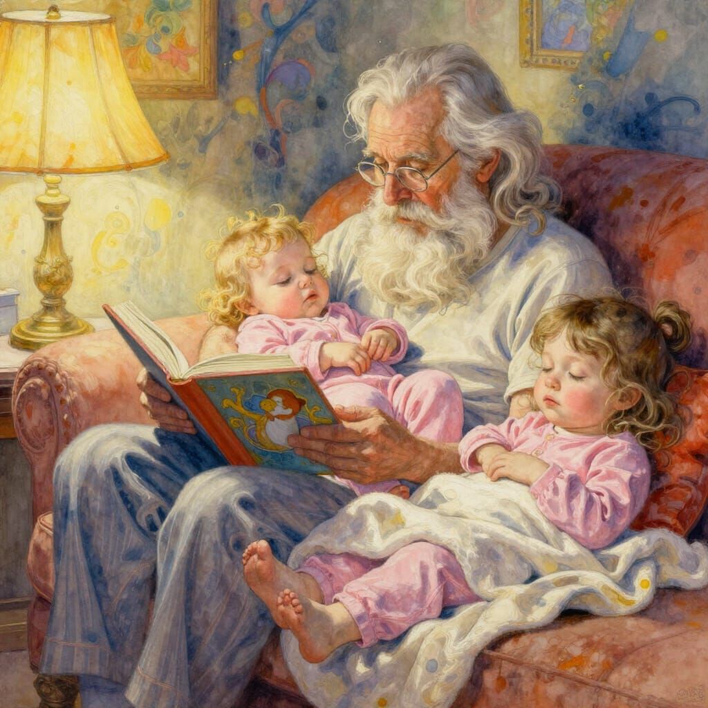 Grandfather Reads to Sleeping Grandchildren in Warm Light