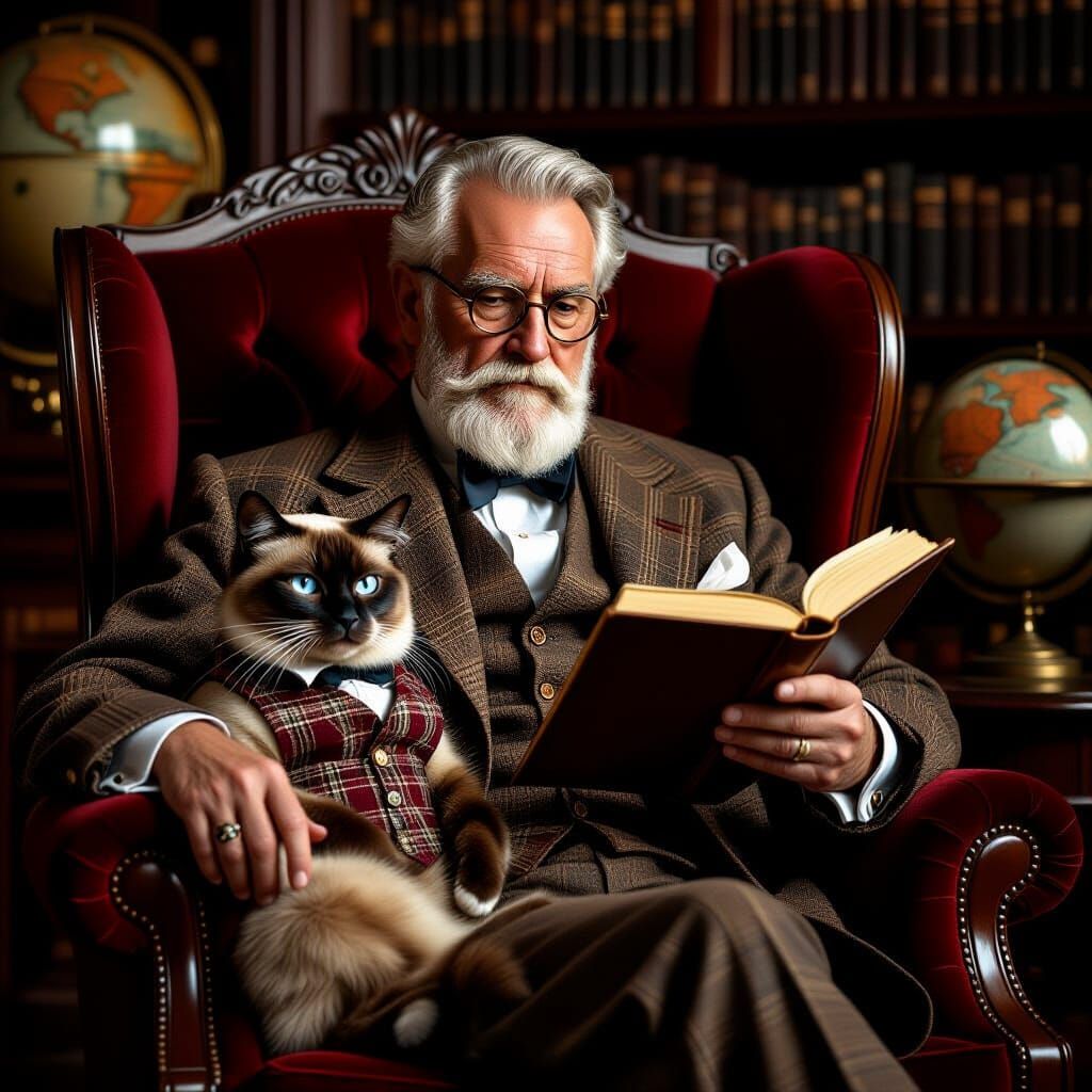 Victorian Gentleman Reads in Library with Siamese Cat