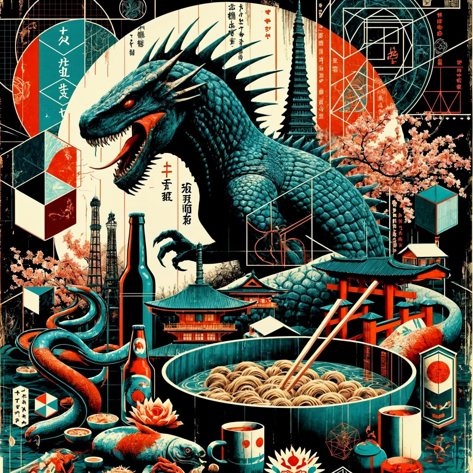 Colossal Dinosaur in Japanese Noir Scene