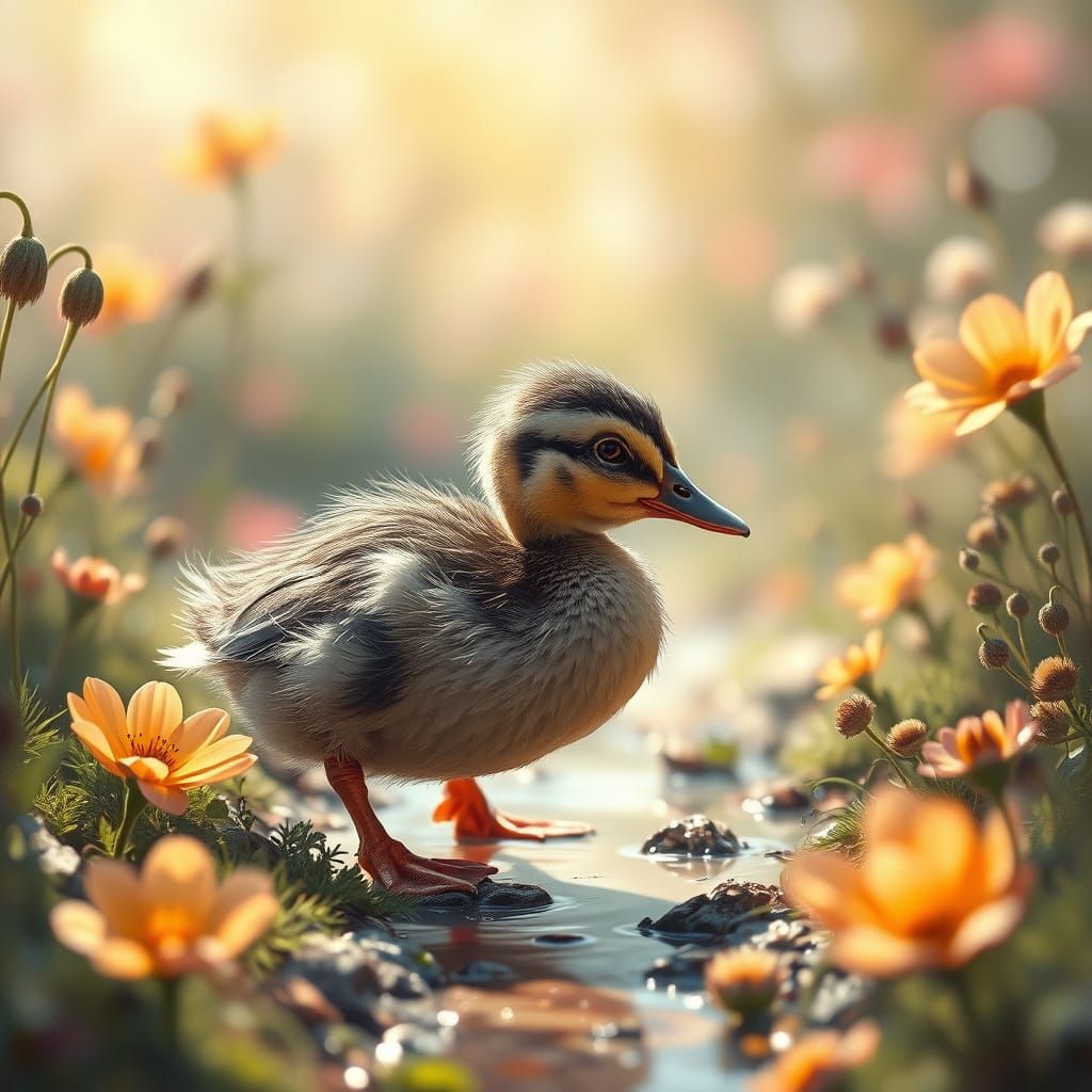 Surreal Duckling Embarks on Whimsical Springtime Adventure