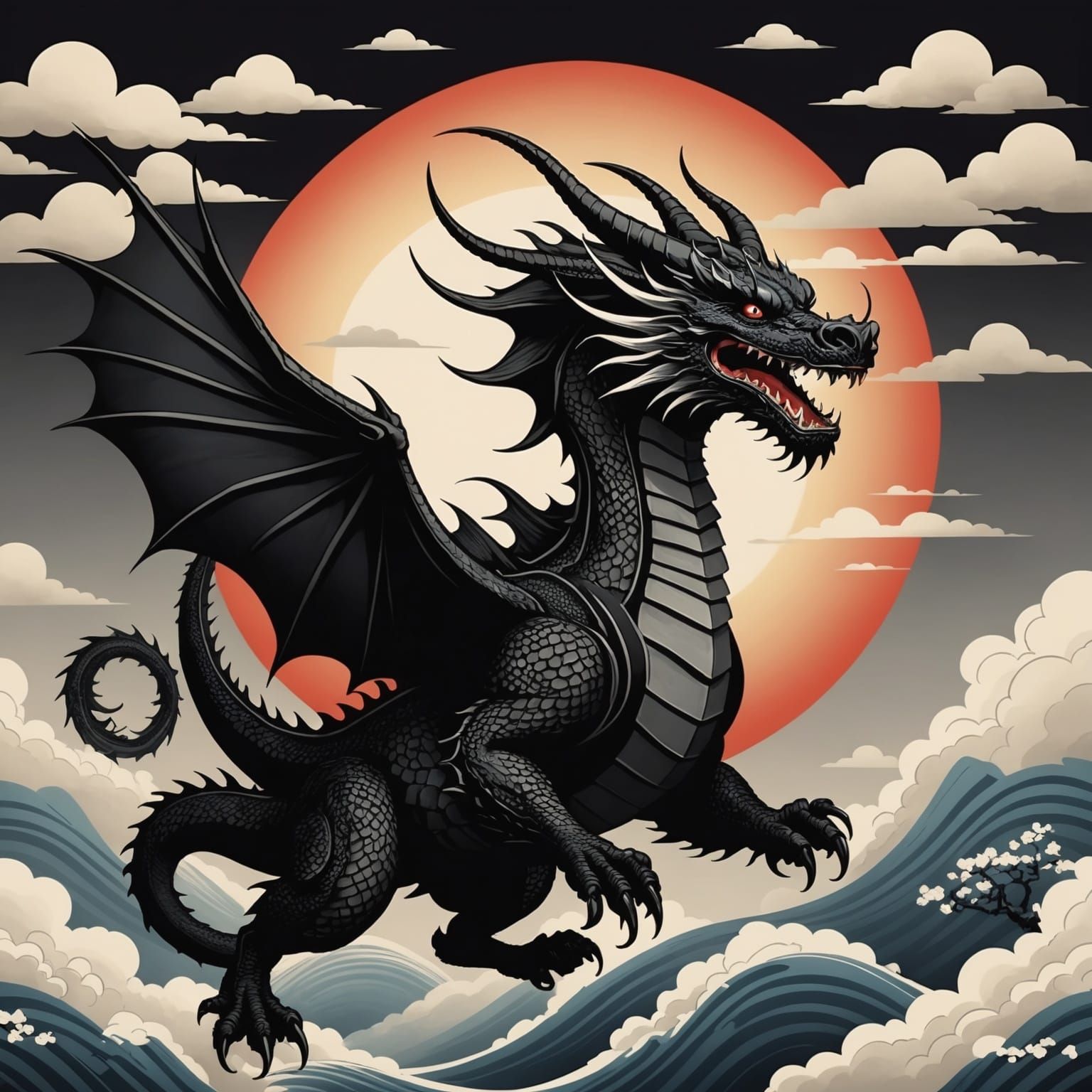Black Dragon Soaring in Japanese Art Style