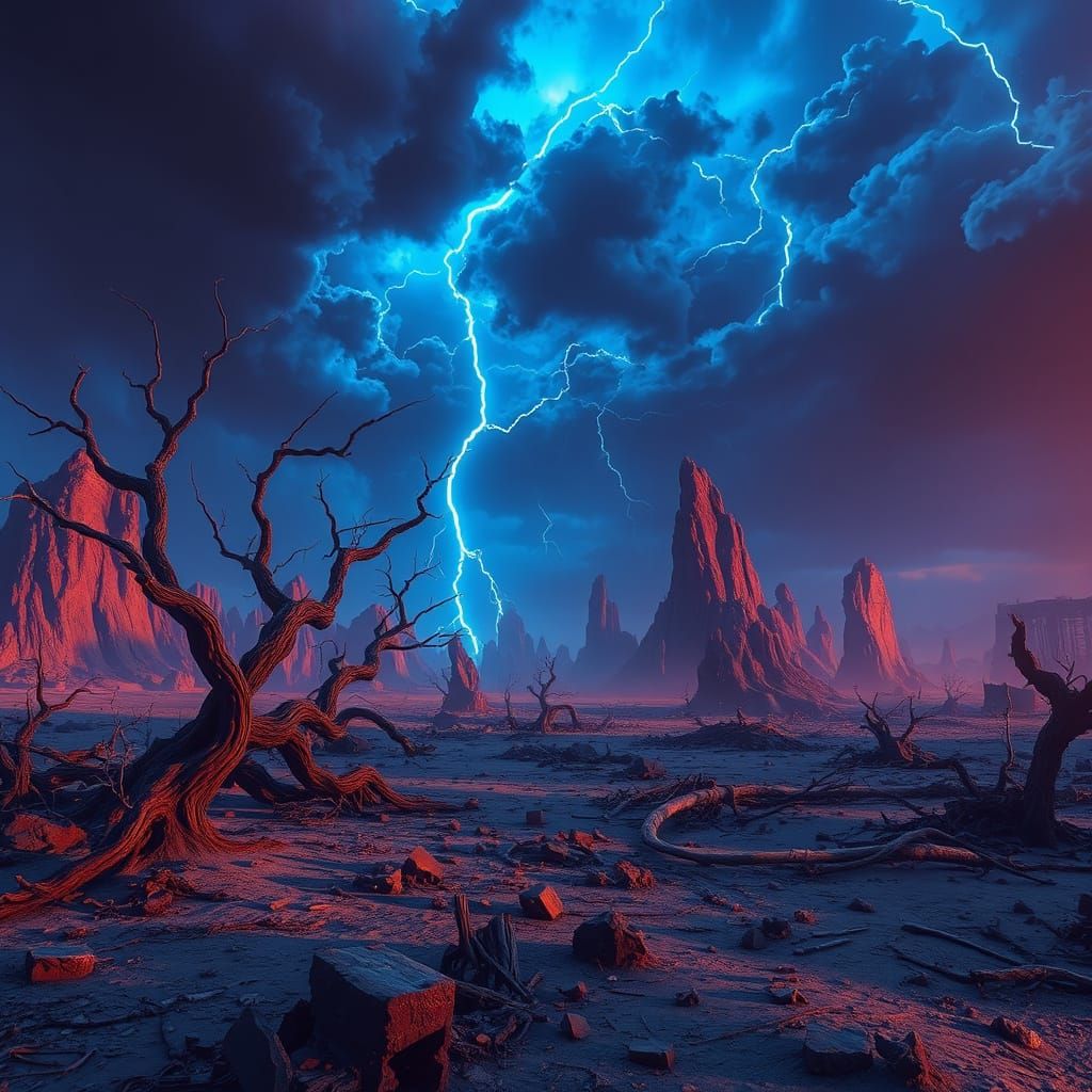 Barren, Twisted Planet Amidst a Turbulent, Electric Blue Ski...